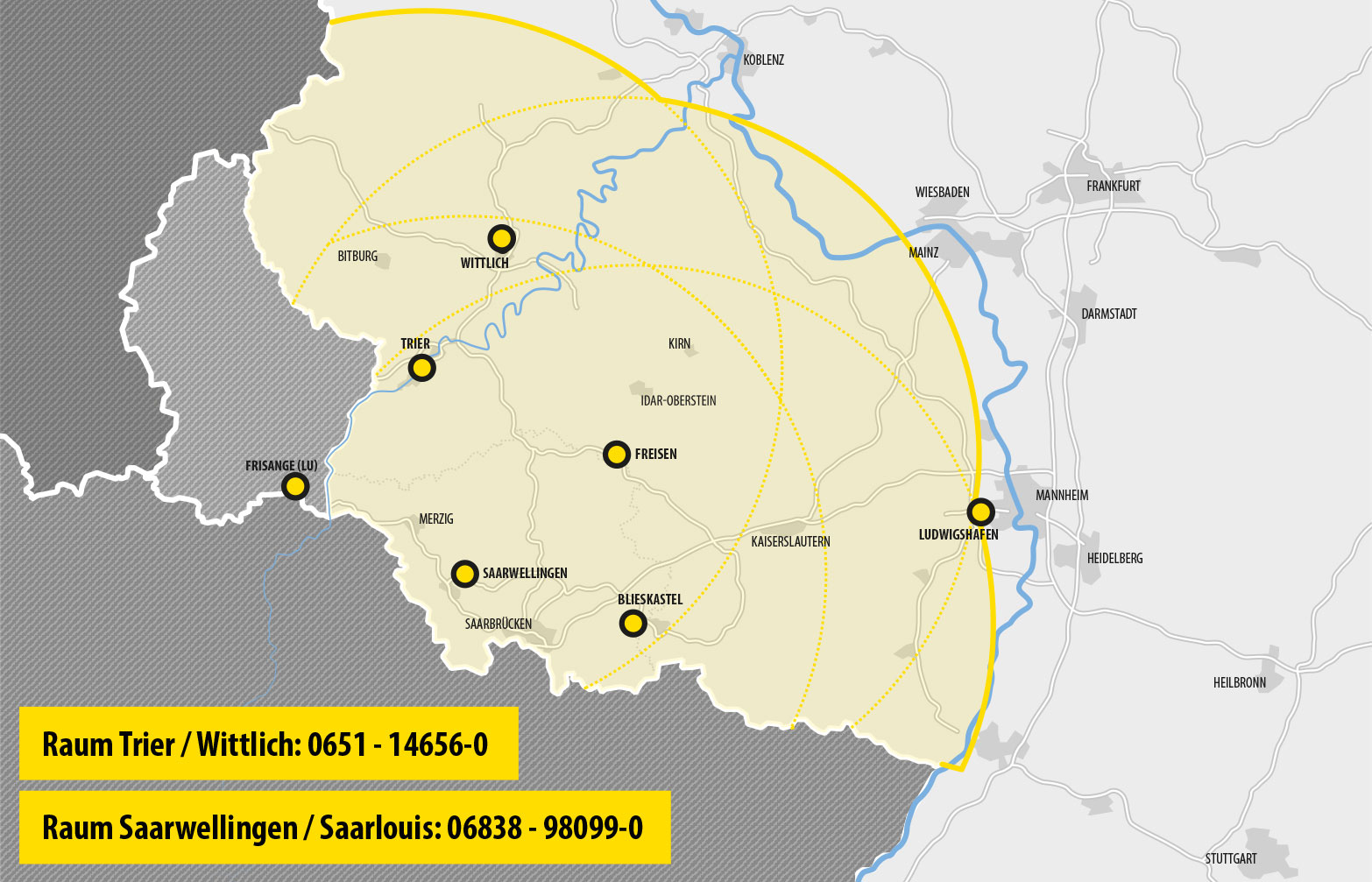 Karte Bergen und Abschleppen von Bussen und LKW Rheinland-Pfalz und Saarland